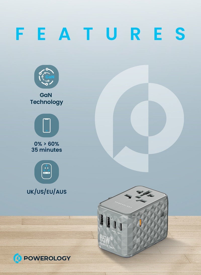 Powerology Universal Gan Travel Adapter Multi-Port 65W/ 3X Type-C/2X USB-A Ports/ Fast Charging / Quick Charging/ Secure to Use/ Anti Heating/ Latest Technology - Grey - Image 2